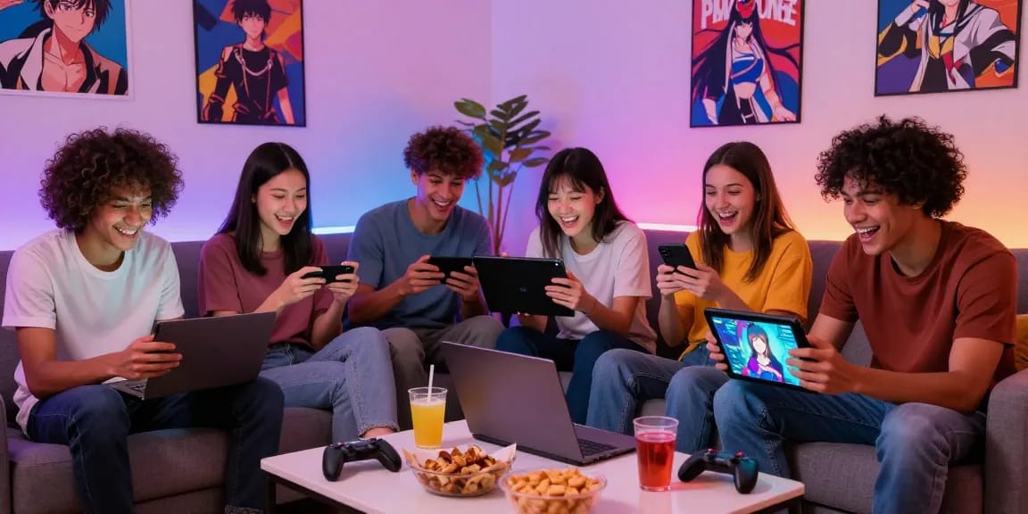 Engaging friends playing ecchi game on various devices in a cozy gaming environment.