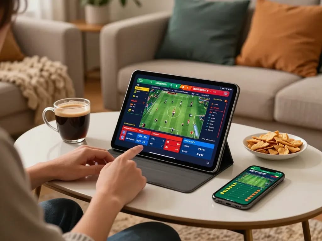 Engaging in keo nha cai on a tablet during a cozy home sports betting session.