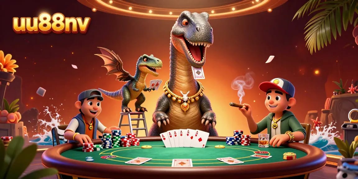 Experience exciting card deals at uu88nv, with a brontosaurus towering above the poker table.