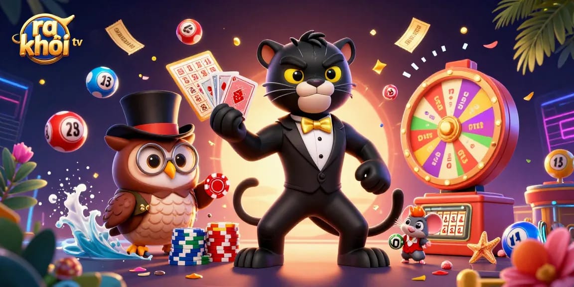 Experience excitement at ra khơi tv with our detailed illustration of gaming characters and lottery elements.