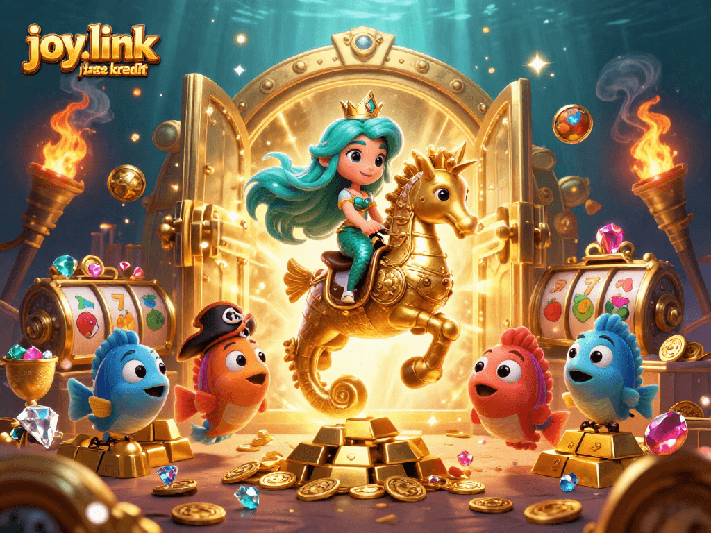 Experience joy.link free kredit while playing in a vibrant casino underwater with magical treasure and characters.