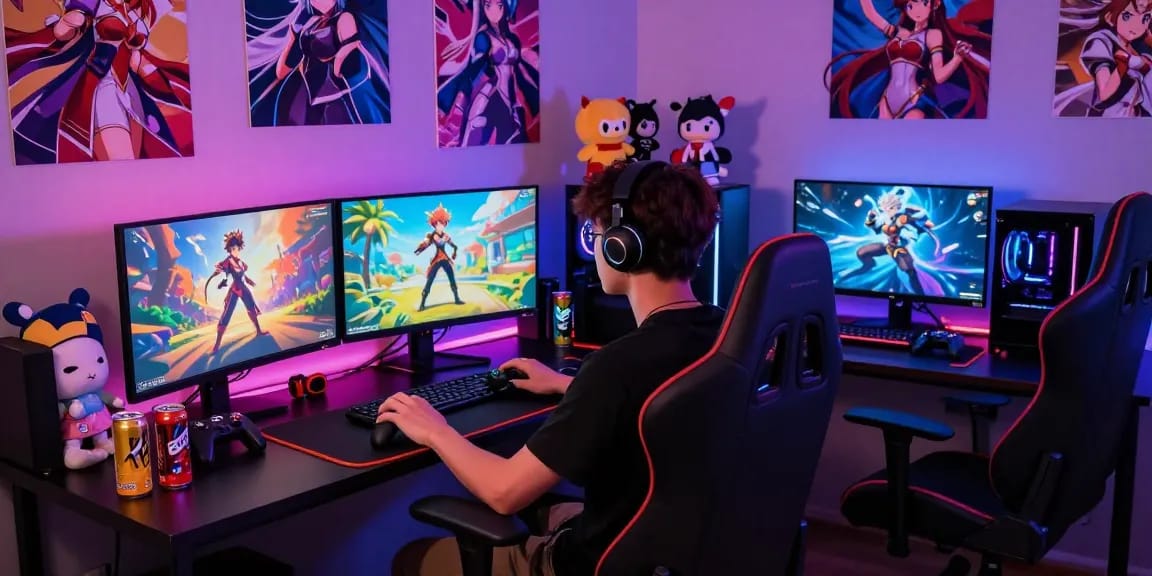 Immersive ecchi simulator gaming scene with vibrant graphics and high-end setup.