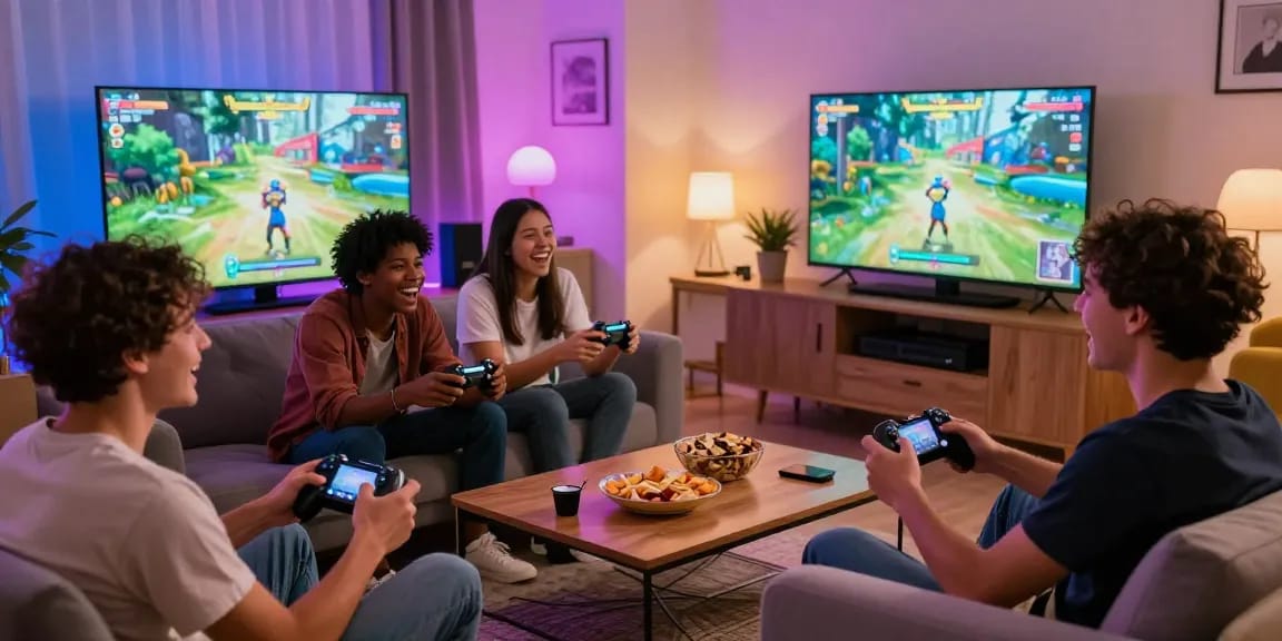 Engaging friends playing gay porn games in a cozy living room, showcasing fun and excitement.