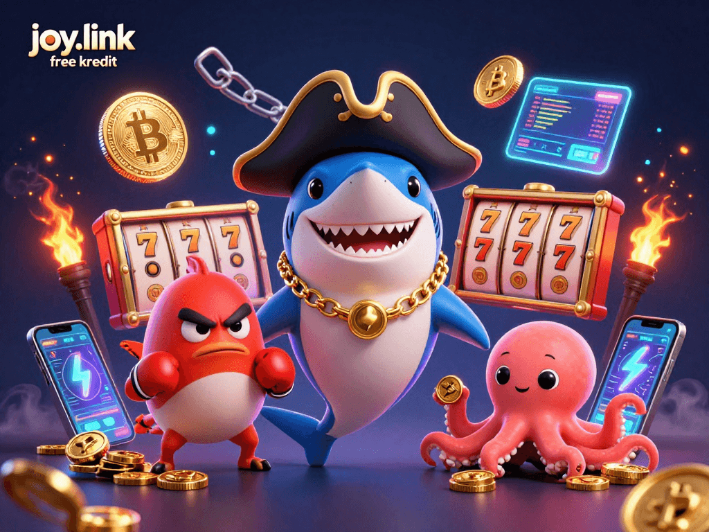 Experience the thrill of joy.link free kredit with a lively casino scene featuring 3D characters and crypto elements.