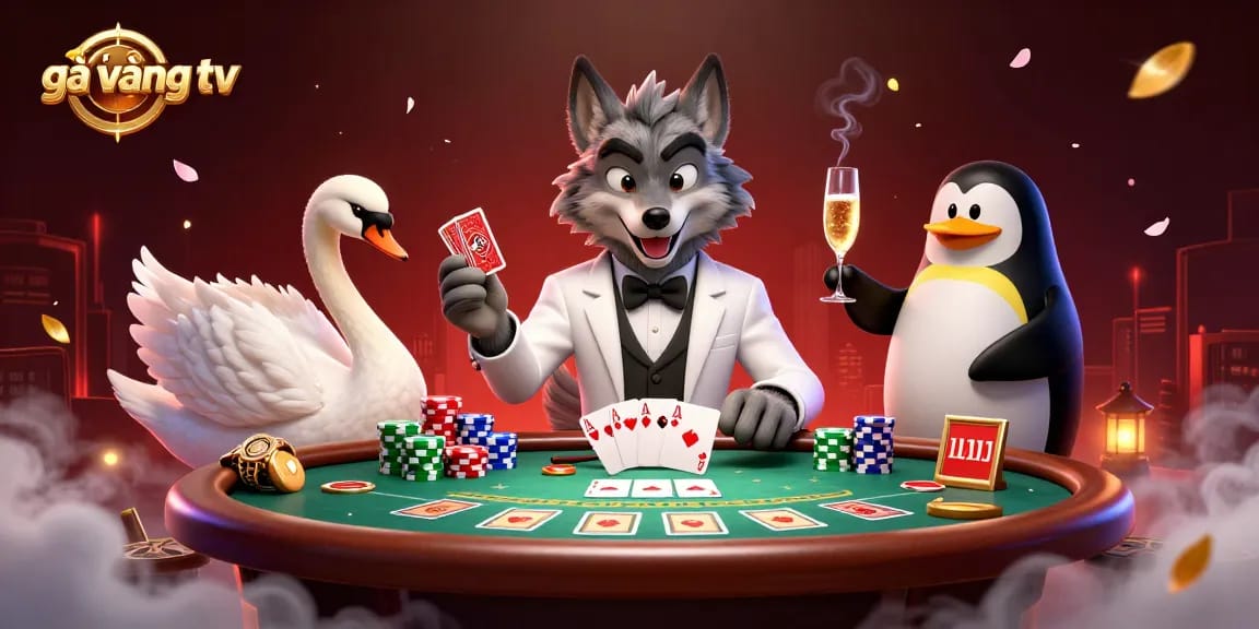 Engage with gà vàng tv at this vibrant casino scene featuring a debonair wolf and elegant swan.