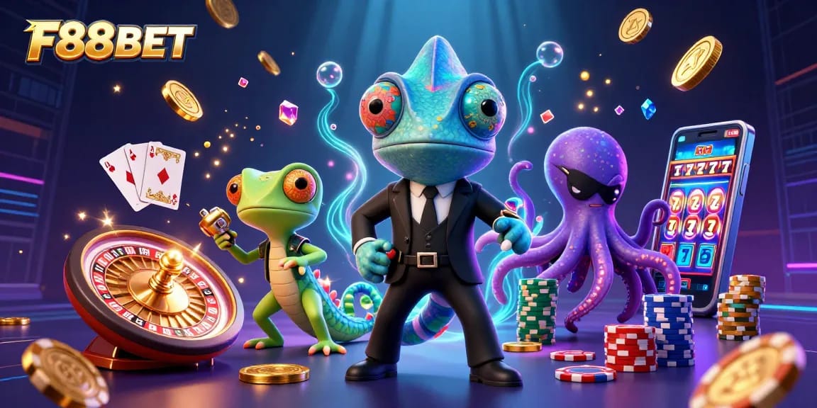 Experience thrilling gaming at F88BET with cartoon characters amid casino elements and sparkling prizes.