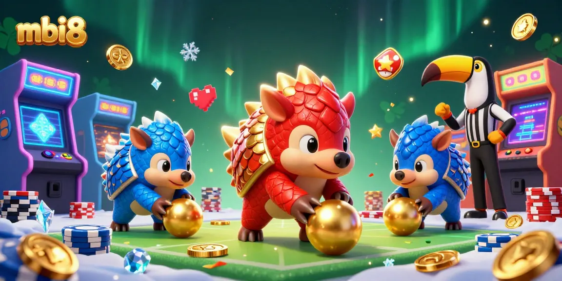 Bowling pangolins and arcade machines create engaging mbi8 casino action scene.