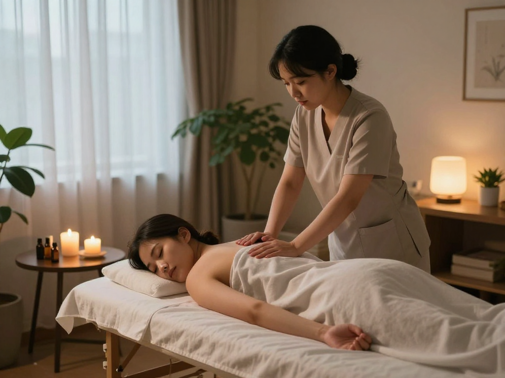 마포출장마사지 in a cozy home setting with tranquil lighting and essential oils.