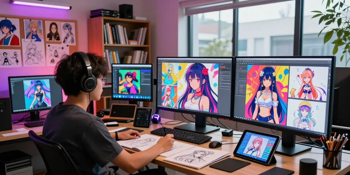Artist at digital workspace creating vibrant ai ecchi illustrations with multiple screens and sketches