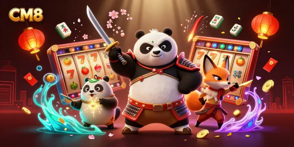 Play thrilling CM8 slots with a dynamic scene featuring a samurai panda, ninja fox, and magical tanuki.