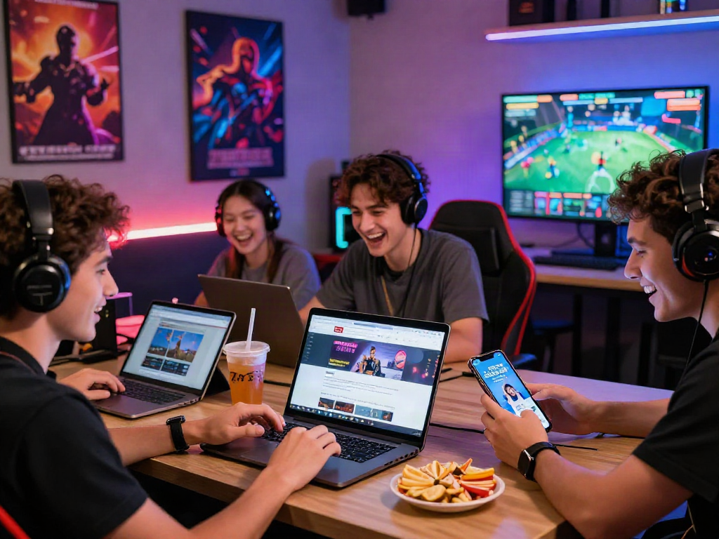 Exciting scene of friends with devices engaged in rokok88 daftar registration in a vibrant gaming lounge.