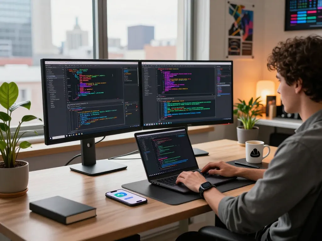 Developer coding on a mac mini in a modern office workspace with monitors and coffee.