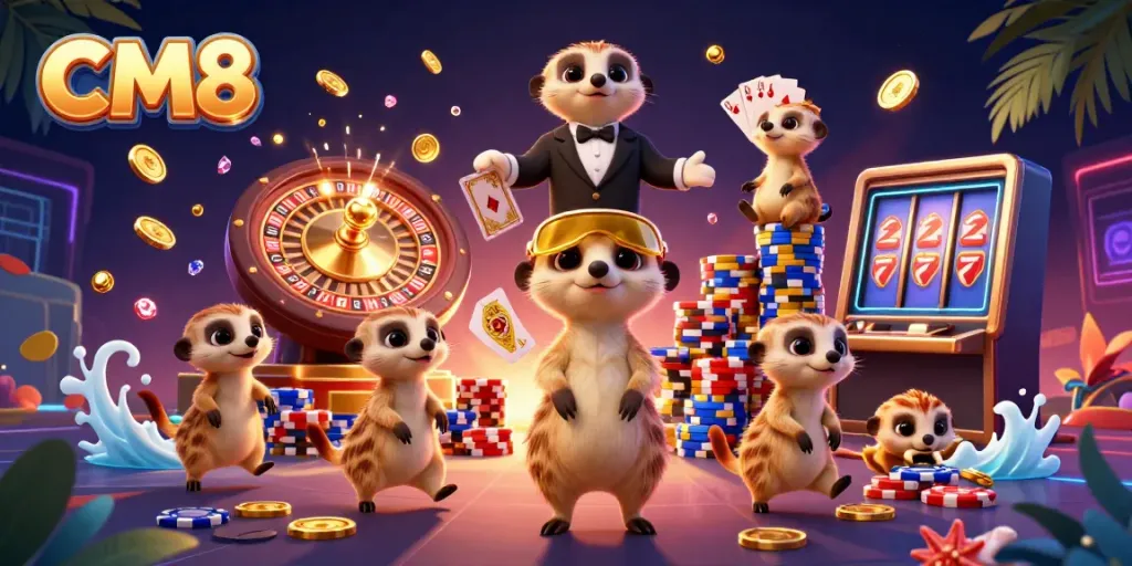 Engage in CM8's vibrant casino scene with meerkats hosting games amid dazzling coins and cards