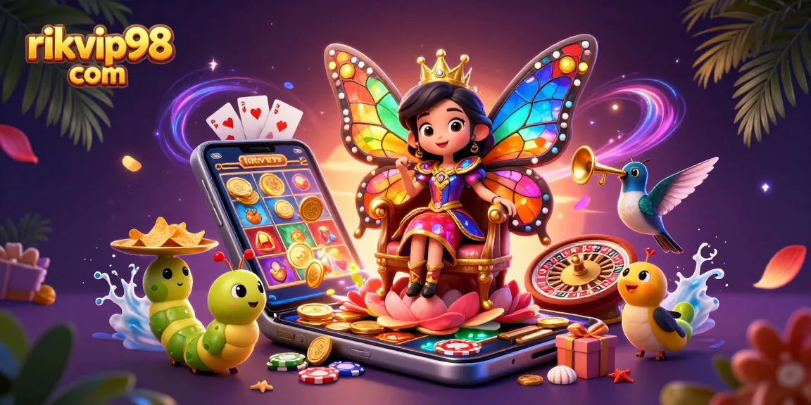 Win big at rikvip98 com with exciting casino games featuring a lively butterfly queen and colorful slot game elements.