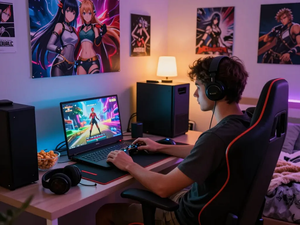 Engaged gamer playing a vibrant porno game on laptop in colorful bedroom.