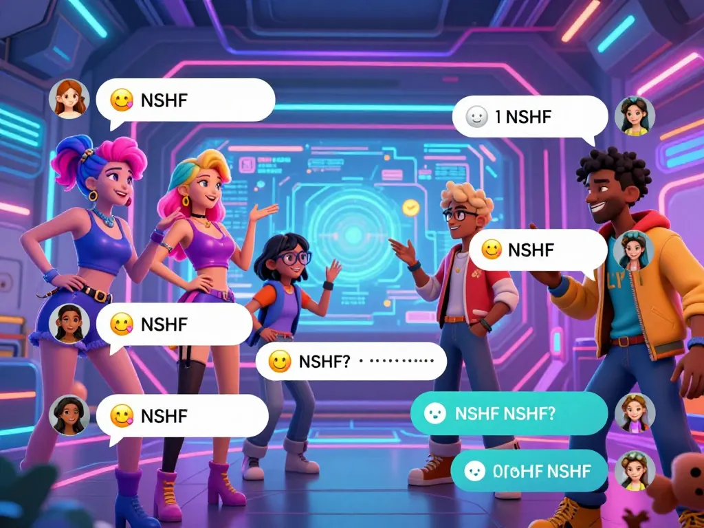 Engaging scene showcasing interactive AI chat experiences with diverse characters, promoting ai chat nsfw conversations in a vibrant digital environment.