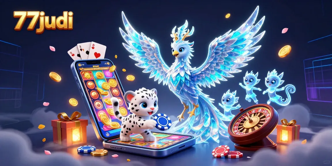 Play exciting slot games at 77judi with a dazzling ice phoenix and vibrant casino elements.