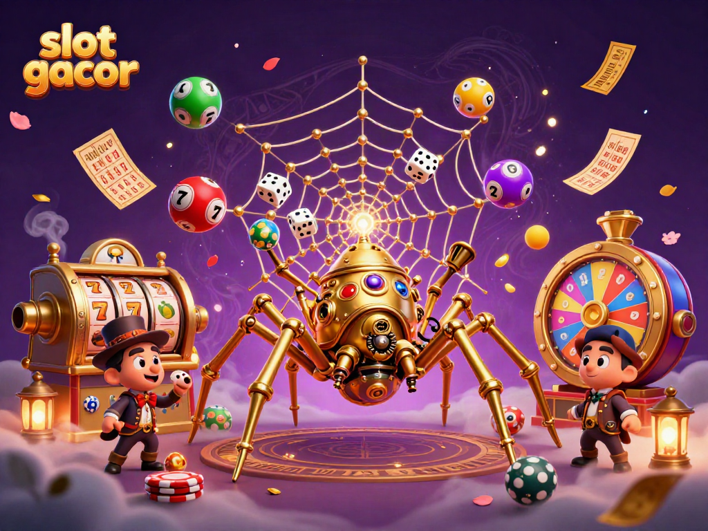 Experience thrilling slot gacor action with a golden spider, misfortunate dice, and vibrant lottery elements.