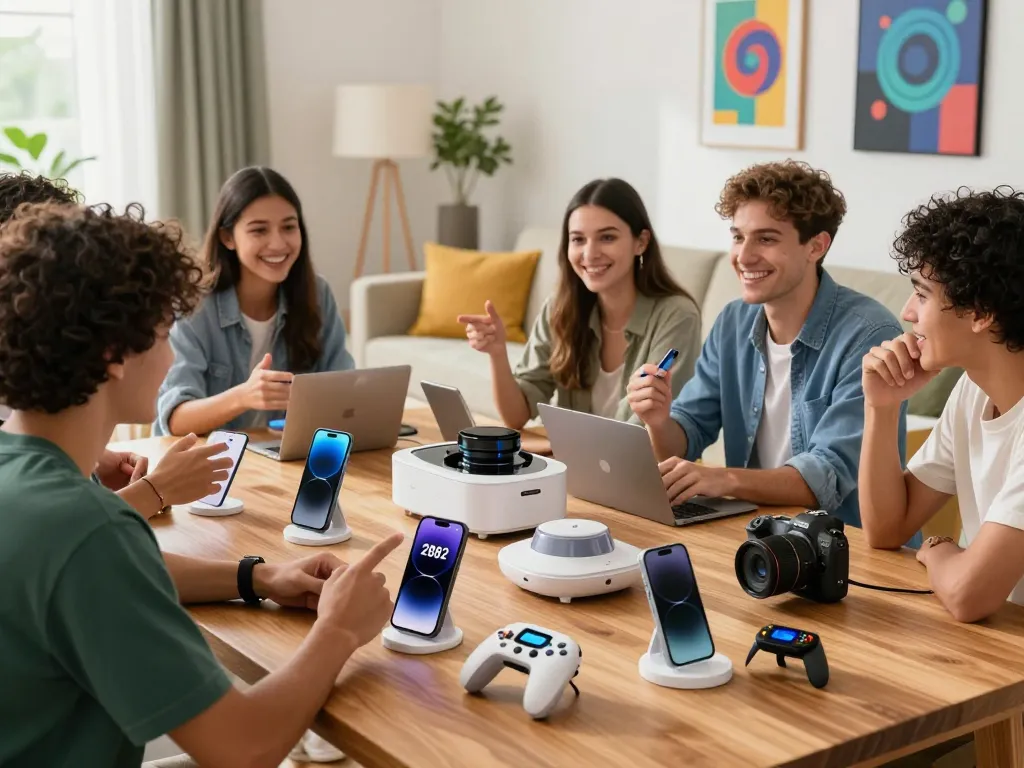 Group exploring the latest tech gadgets 2082 in a bright modern living room, showcasing innovation and connectivity.