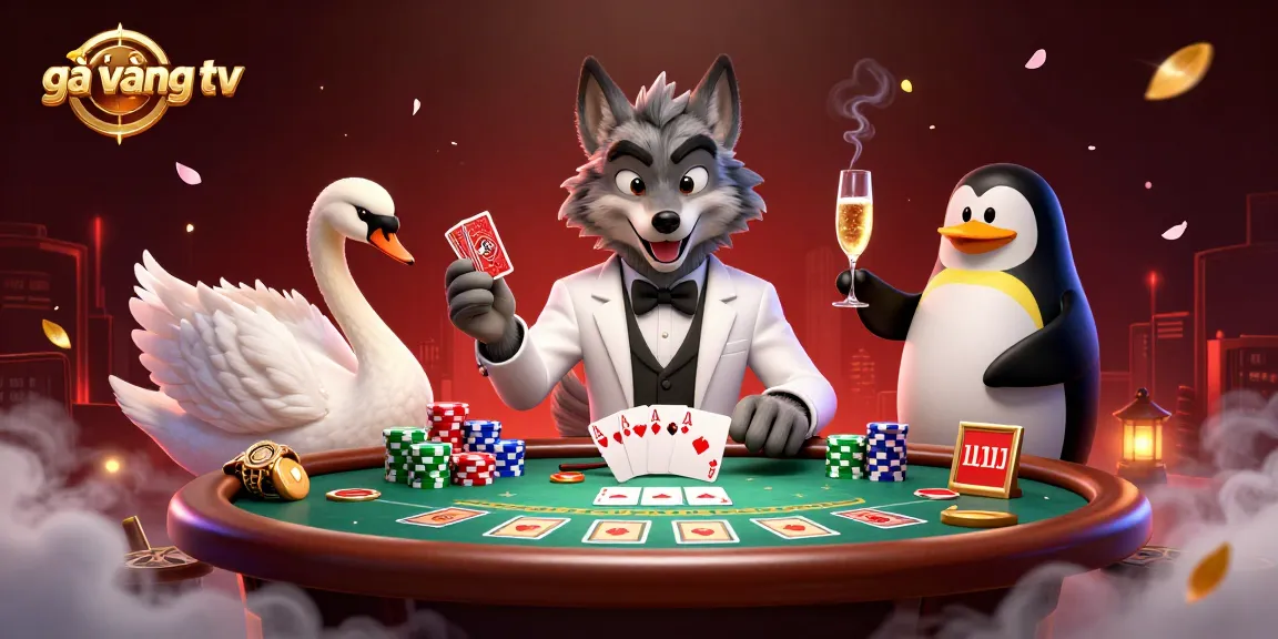 Engage with gà vàng tv at this vibrant casino scene featuring a debonair wolf and elegant swan.
