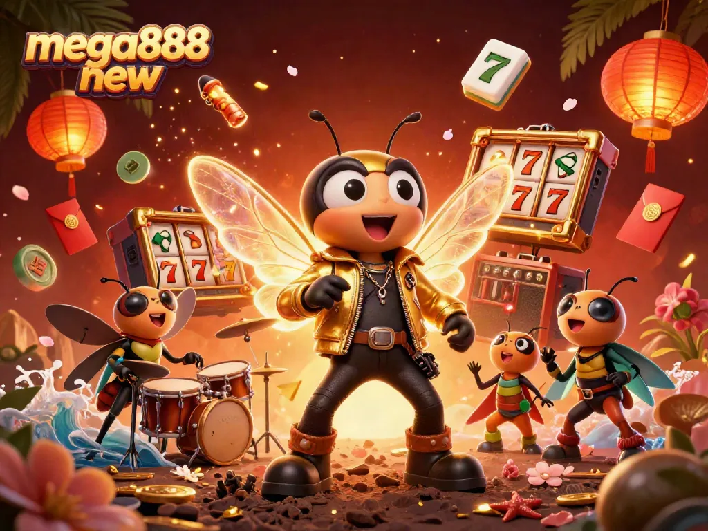 Engage with mega888 new's vibrant casino world featuring a lively cicada rock star and exciting gaming elements.