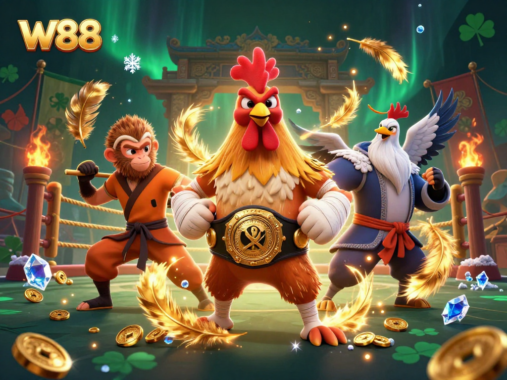 W88 showcases a vibrant 3D scene featuring martial artists amid dynamic casino elements.