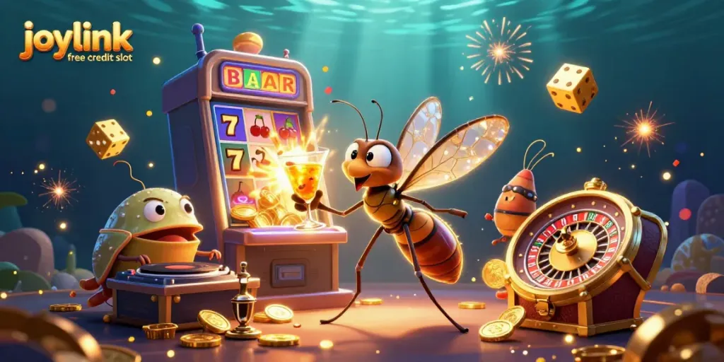 Experience the thrill of joylink free credit slot with casino mascots, dynamic slots, and ancient creatures in a vibrant scene.