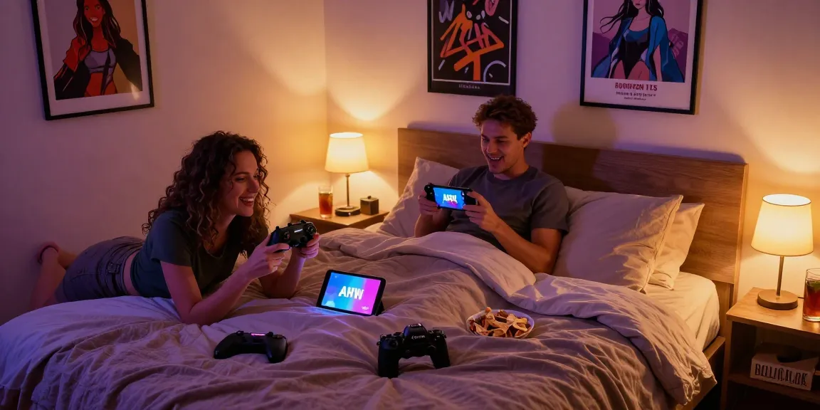 Couple enjoying NSFW APK games in a cozy bedroom environment.