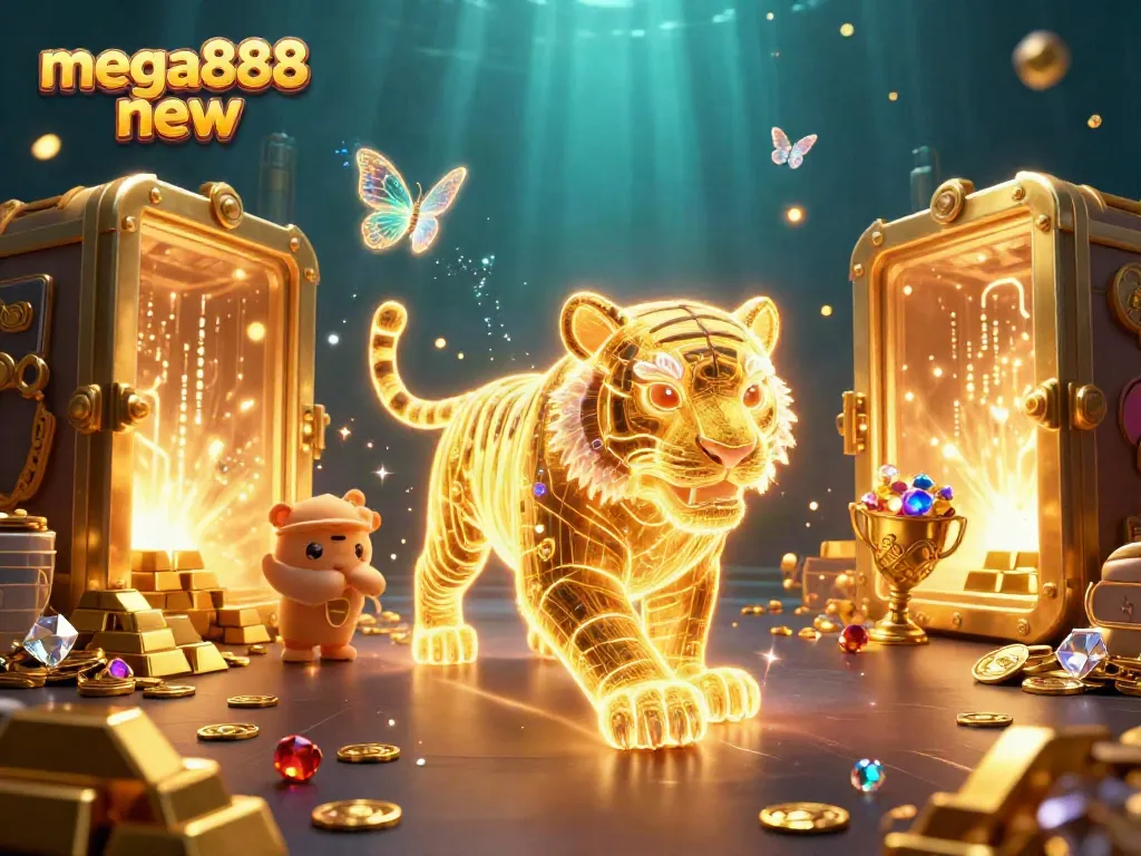 Experience the vibrant world of mega888 new with a neon tiger navigating a sparkling digital casino.