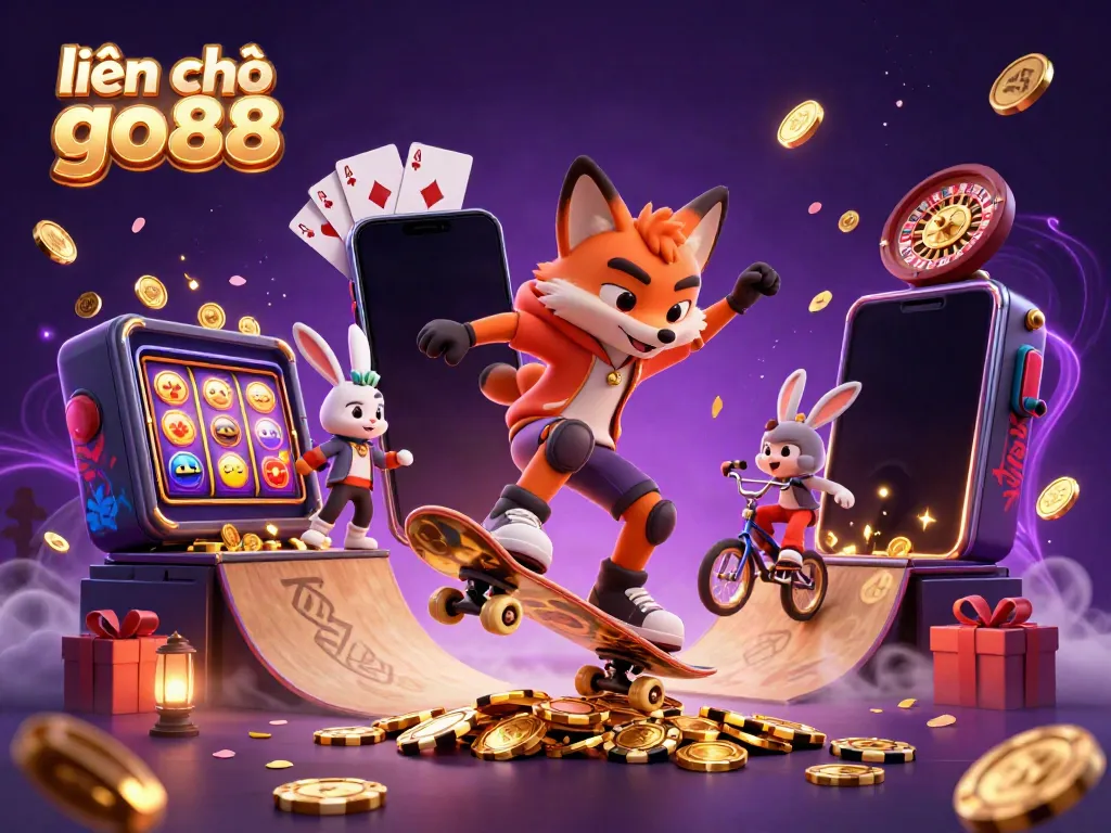 Experience the thrill with "liên hệ go88" as a vibrant 3D rendering showcases dynamic gambling elements and lively cartoon characters.