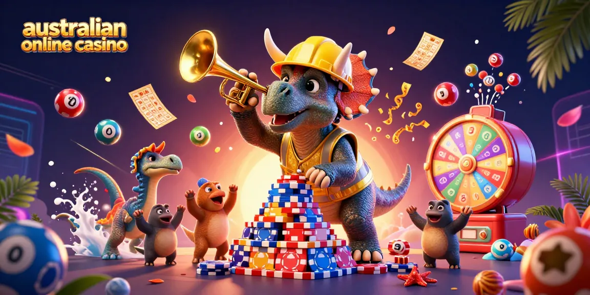 A vibrant illustration depicting an australian online casino scene with a triceratops building poker chip pyramids and lottery balls bouncing around.