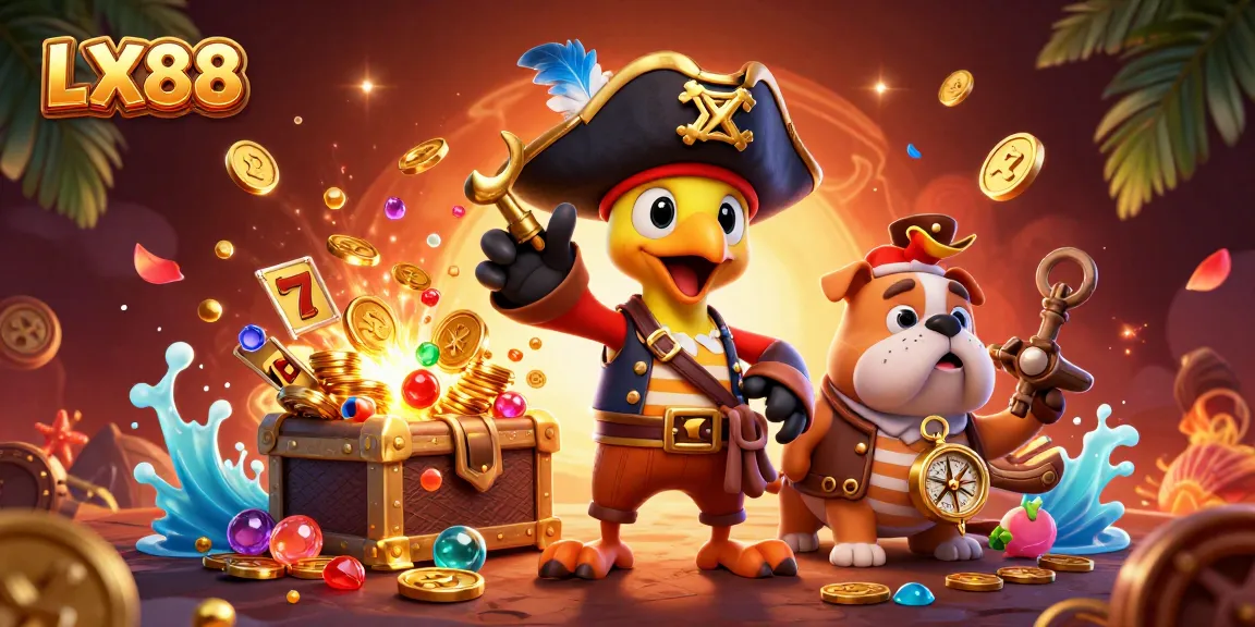 Engage with LX88 through this vibrant casino-themed pirate illustration, featuring colorful slot elements and lively characters.