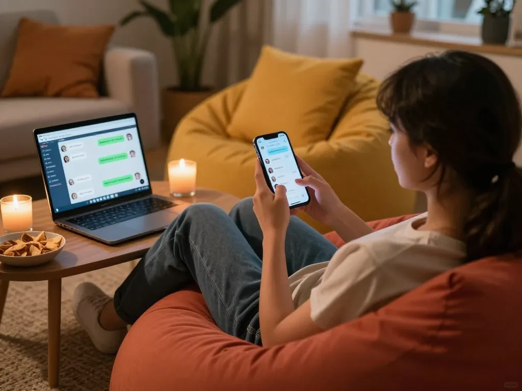 Engaging in ai sex chat on smartphone, cozy home atmosphere.