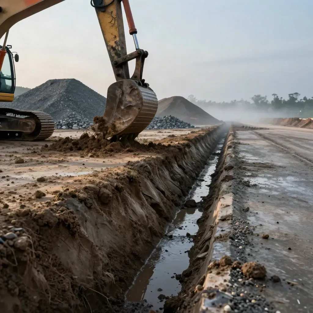 Pemandangan tapak kerja tanah berawan pagi, jengkaut dan parit saliran di lot tanah basah
