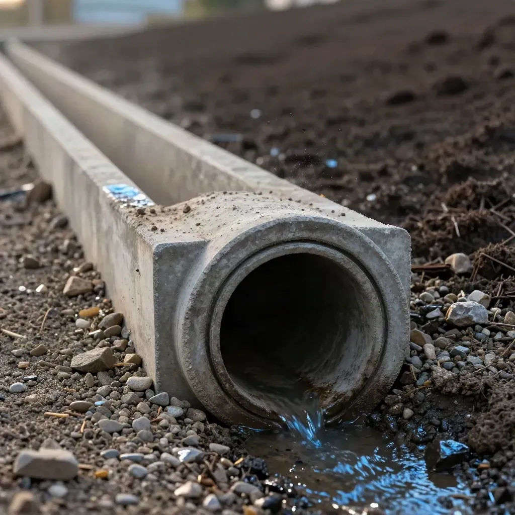 Saliran konkrit U dan muncung culvert basah dengan batu kerikil, air hujan mula mengalir.