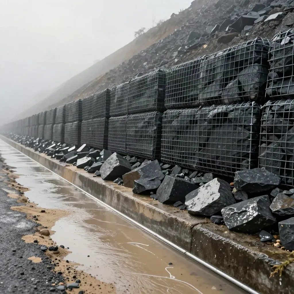 Cerun jalan diperkukuh dengan gabion, mesh geotekstil dan saliran basah selepas hujan.
