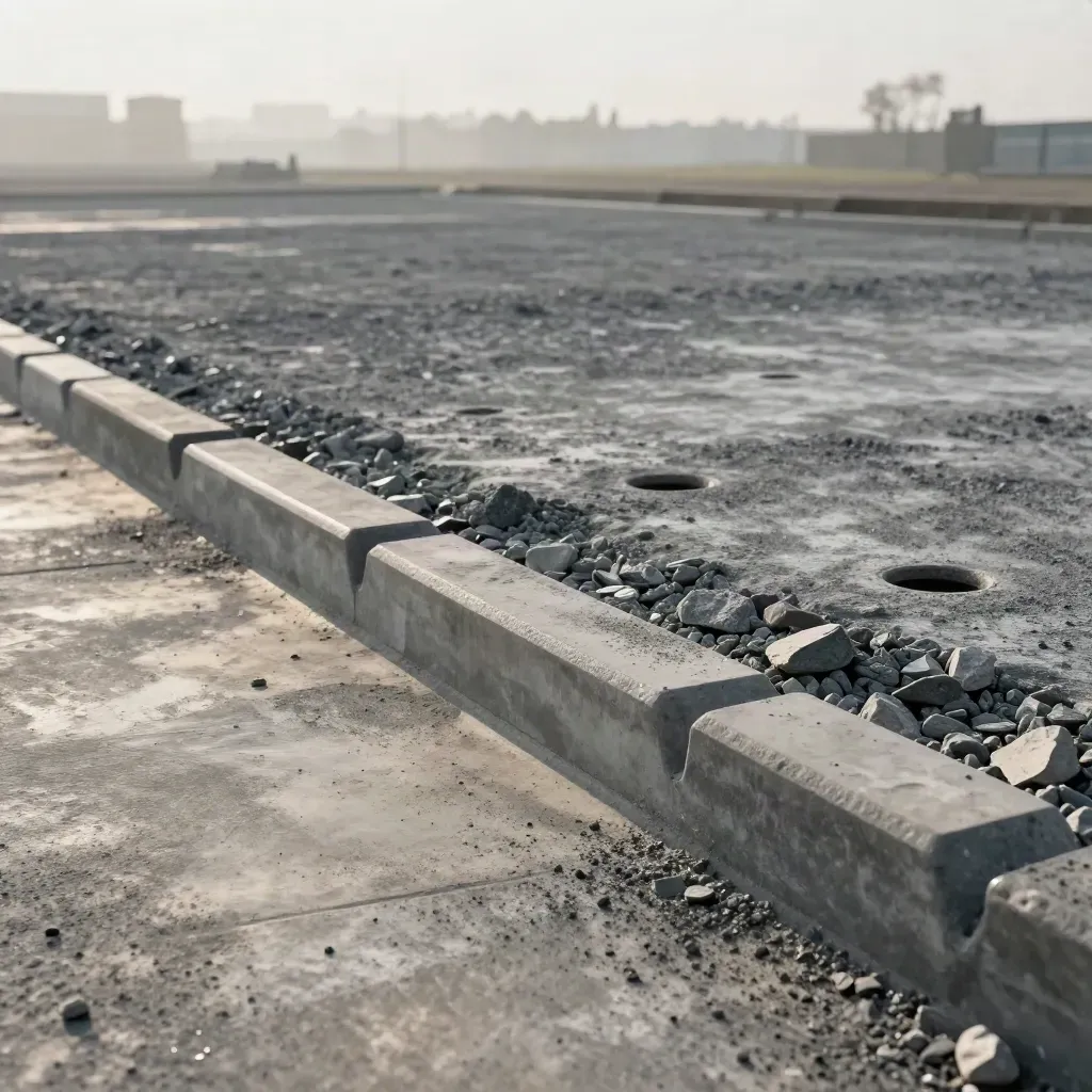 Tapak industri Klang yang siap, permukaan dipadatkan dengan tanda borehole dan curb precast.