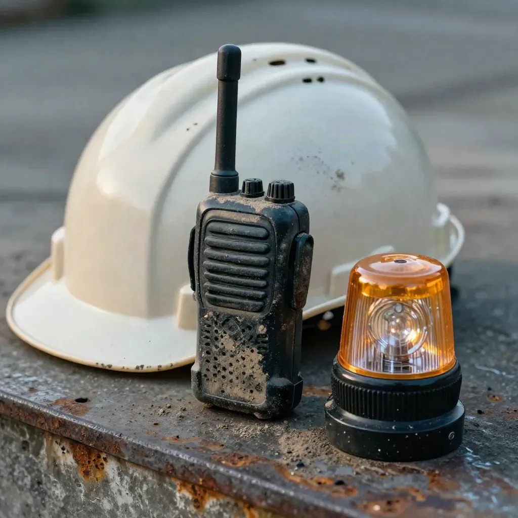 Radio dua hala, topi keselamatan dan beacon tapak di atas keluli gelap, disinari cahaya awal pagi.