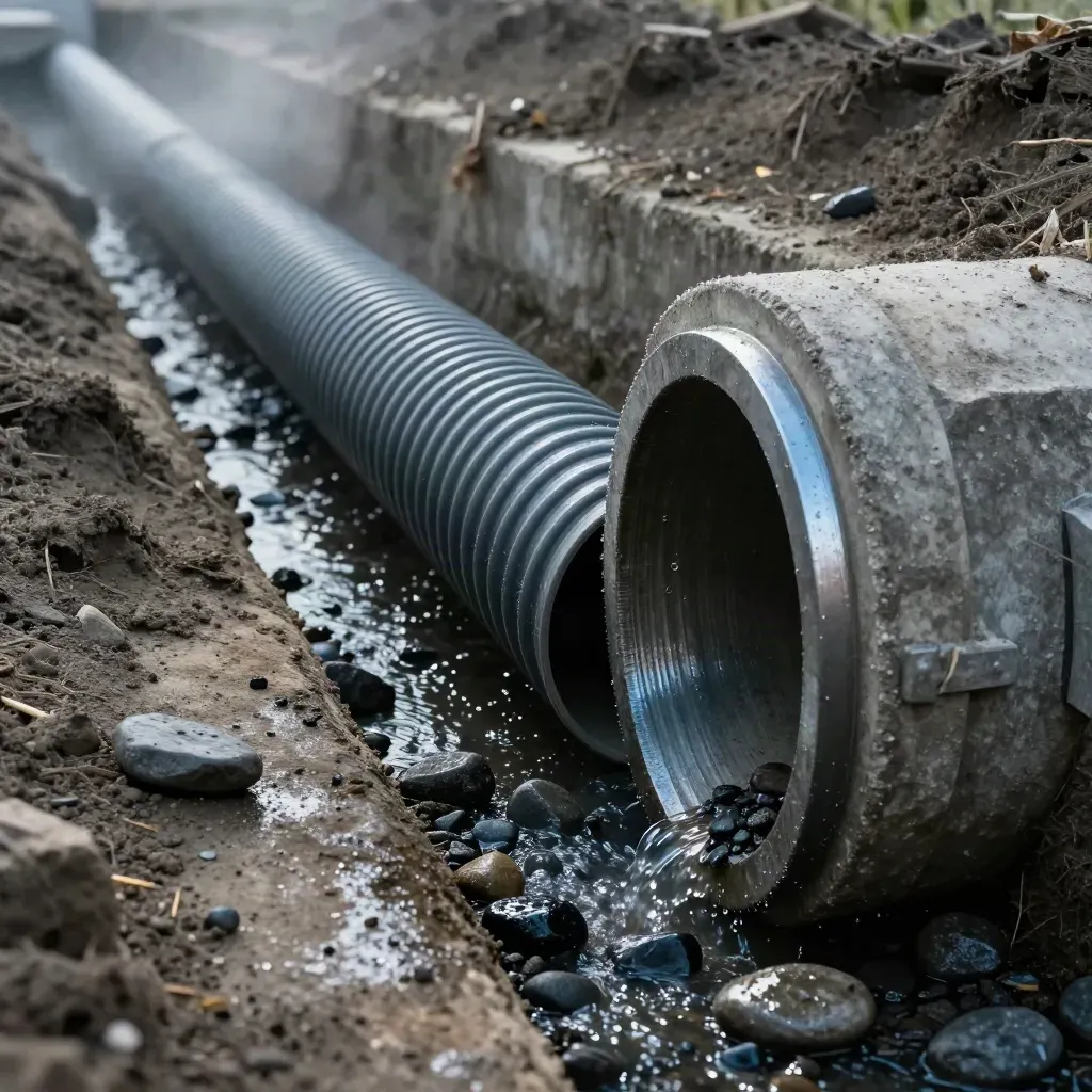 Paip saliran, gelang culvert konkrit dan batu sungai basah selepas ujian aliran.
