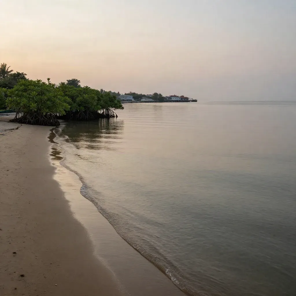 Pesisir Selat Johor ketika senja dengan bakau, air memantul dan kabus laut lembut.