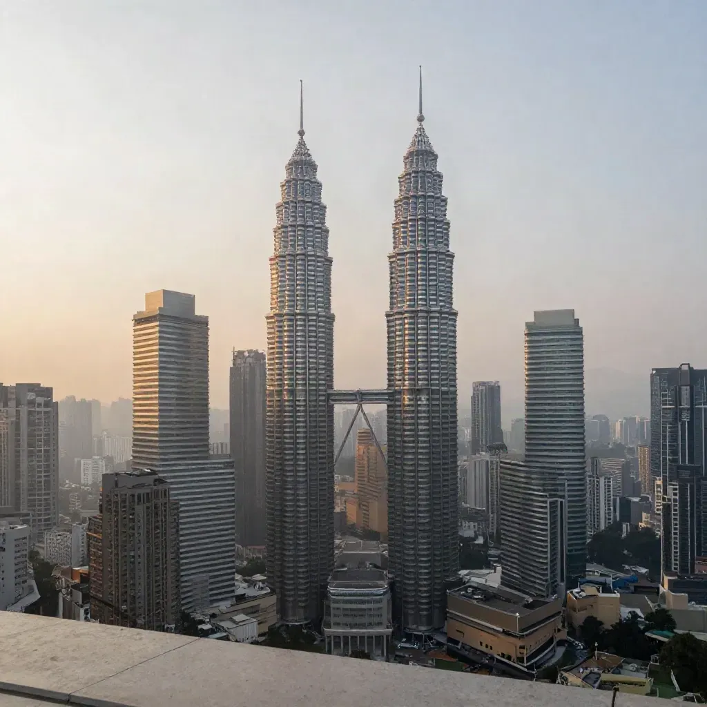 Garis langit Kuala Lumpur dengan Menara Berkembar Petronas dalam kabus emas.