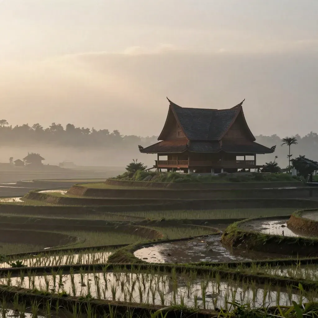 Bumbung adat di atas sawah berteres berkabus di Negeri Sembilan waktu subuh.