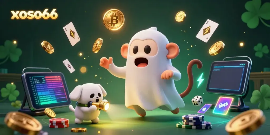 Join the excitement at xoso66, where a mischievous monkey juggles golden coins in a haunted casino!