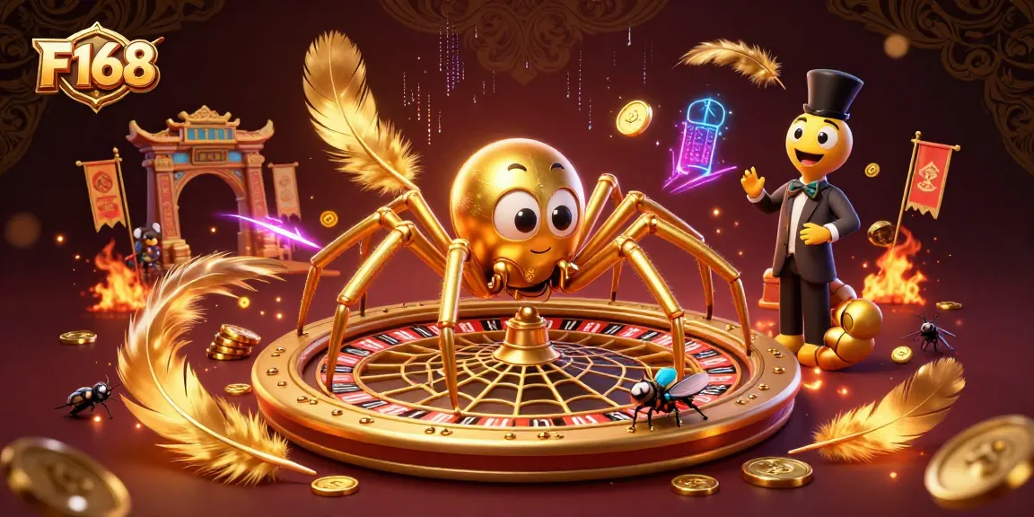 Engage with F168’s thrilling roulette experience featuring a golden spider and croupier.