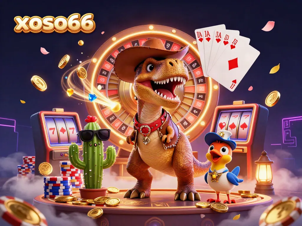 xoso66 showcases a dynamic 3D scene featuring a T-Rex and a cactus in a casino setting, surrounded by flying coins and poker elements.