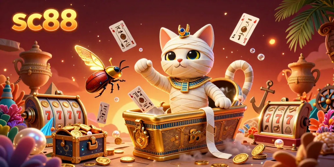 Engage with the thrilling action of sc88 as a mummy cat bursts from a casino sarcophagus surrounded by dazzling riches.