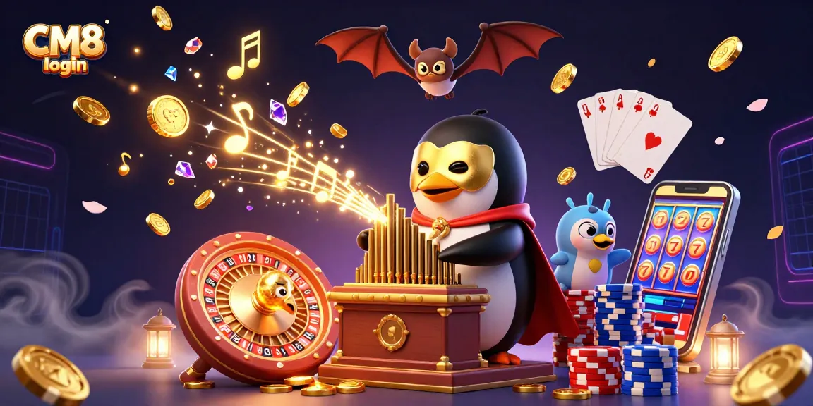 Experience the thrill of CM8 login with a vibrant 3D casino scene featuring engaging games and characters.