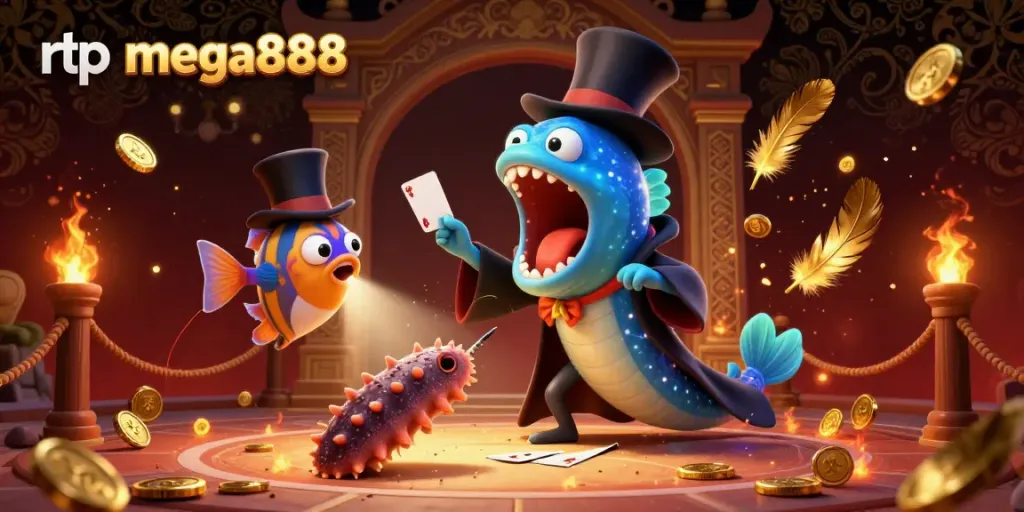 Engage in rtp mega888's thrilling magic act featuring a bioluminescent eel performing card tricks, surrounded by casino elements.