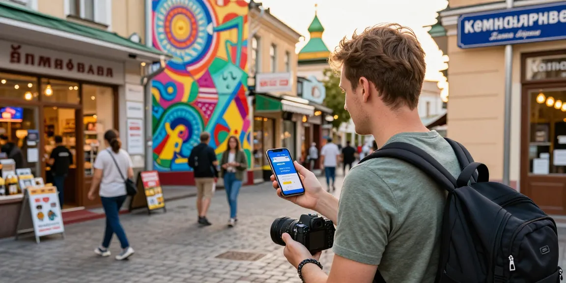 Pelancong menggunakan aplikasi https://payinrussia.com/ untuk pembayaran digital di Rusia dengan latar belakang seni jalanan.