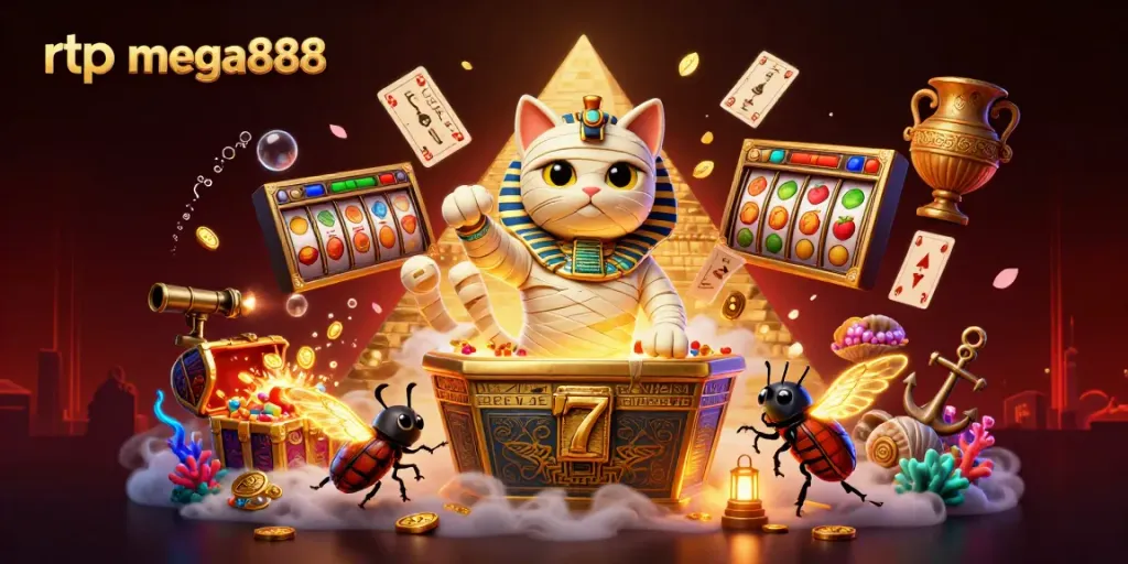 Experience rtp mega888 excitement with a vivid 3D scene of a mummy cat and treasures in play